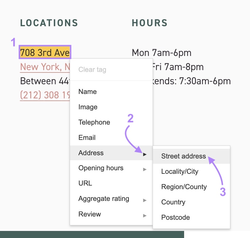 Tagging information by highlighting a piece of text and choosing an appropriate tag from the drop-down menu on Structured Data Markup Helper.