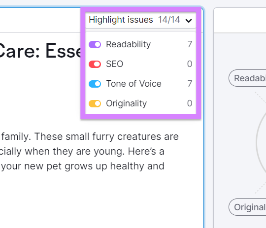 âHighlight issuesâ drop-down menu in SEO Writing Assistant