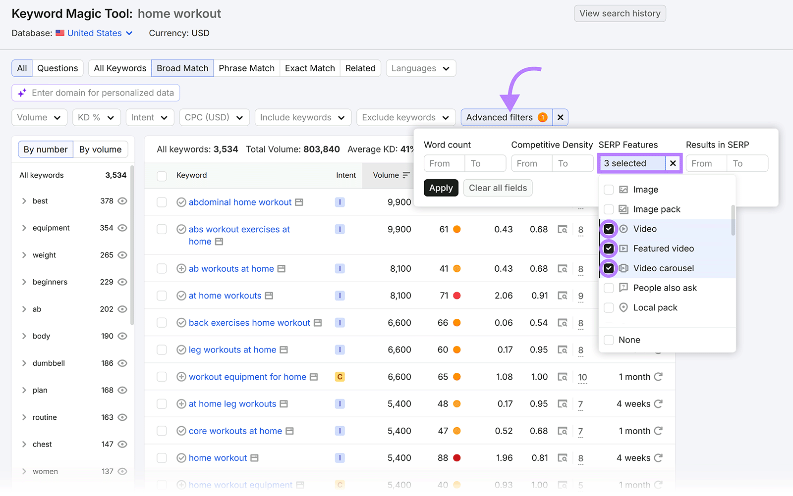 Semrush Keyword Magic Tool filtered for keywords with video SERP features
