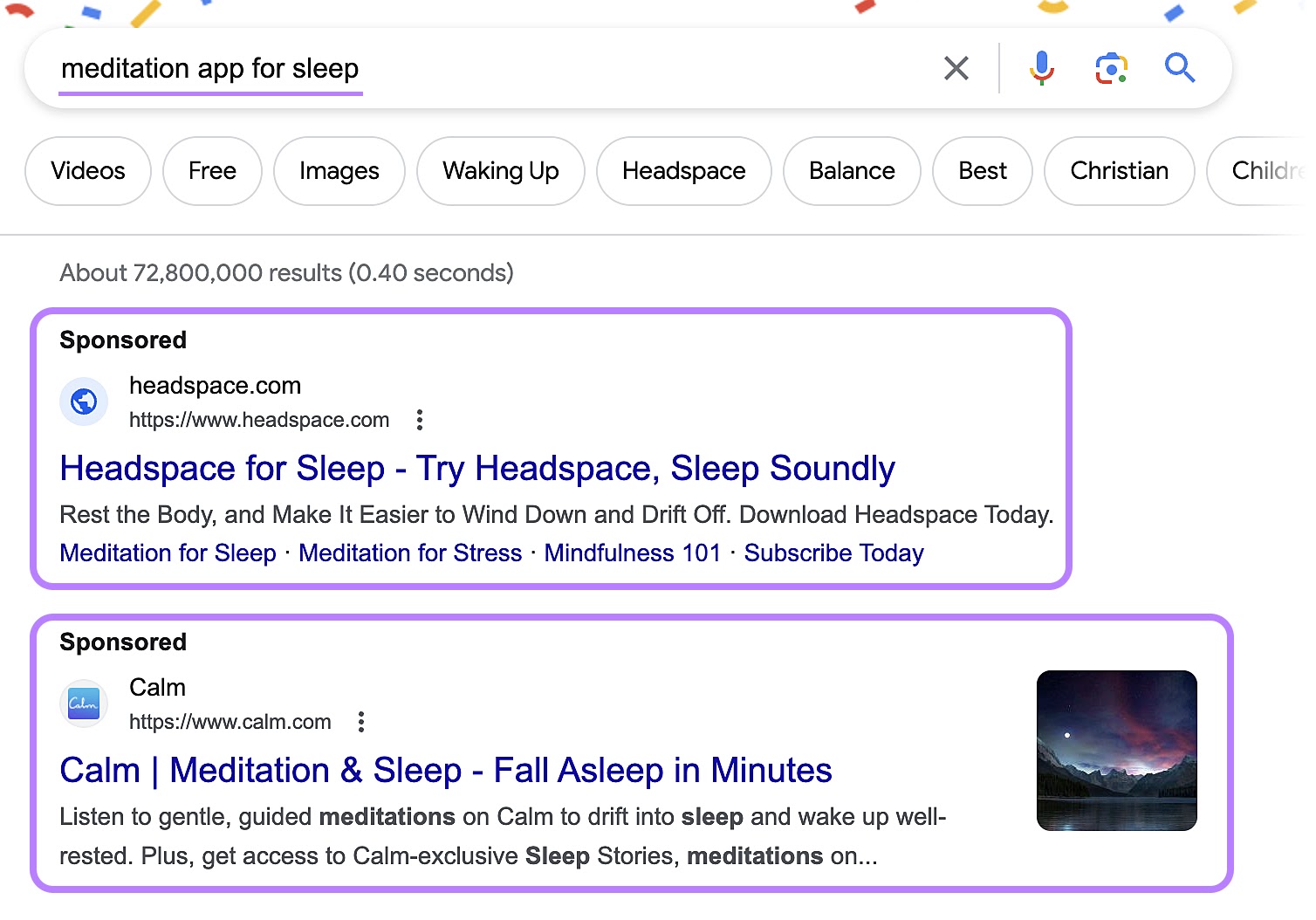 Search ads from Headspace and Calm for âmeditation app for sleep"