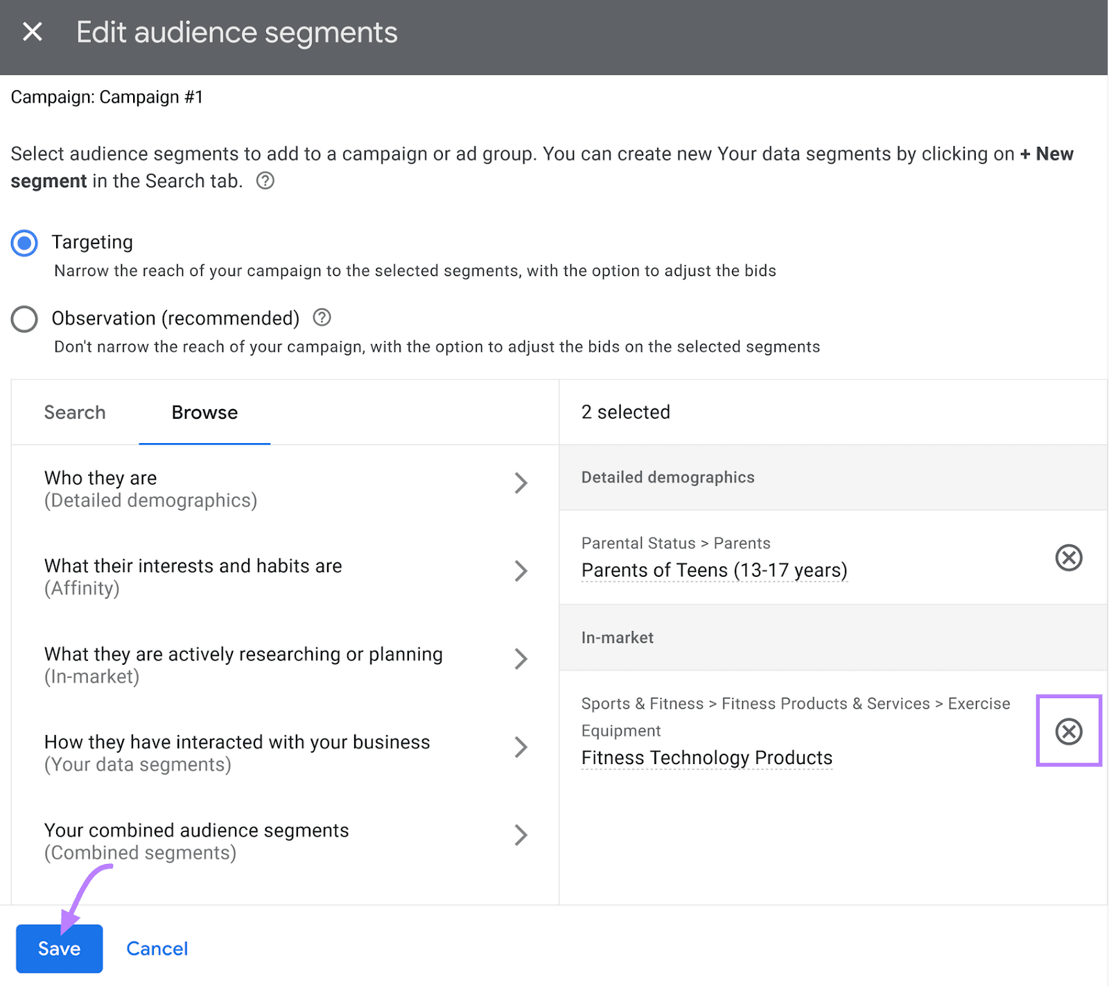 "Save" button highlighted at the bottom of âEdit audience segmentsâ window