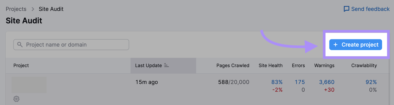 "Projects" page on Site Audit with the â+ Create projectâ button clicked.