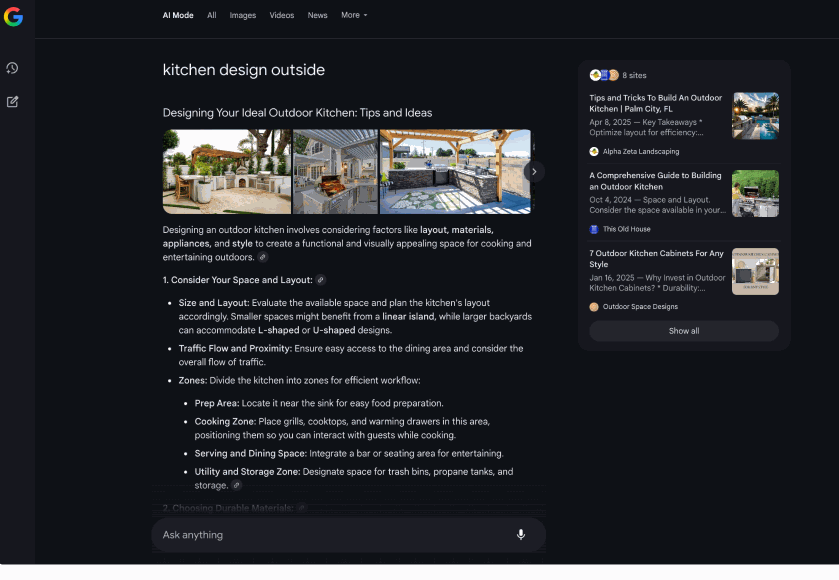 A GIF showing various types of zero-click searches in Google with AI overviews offering descriptive answers to usersâ queries
