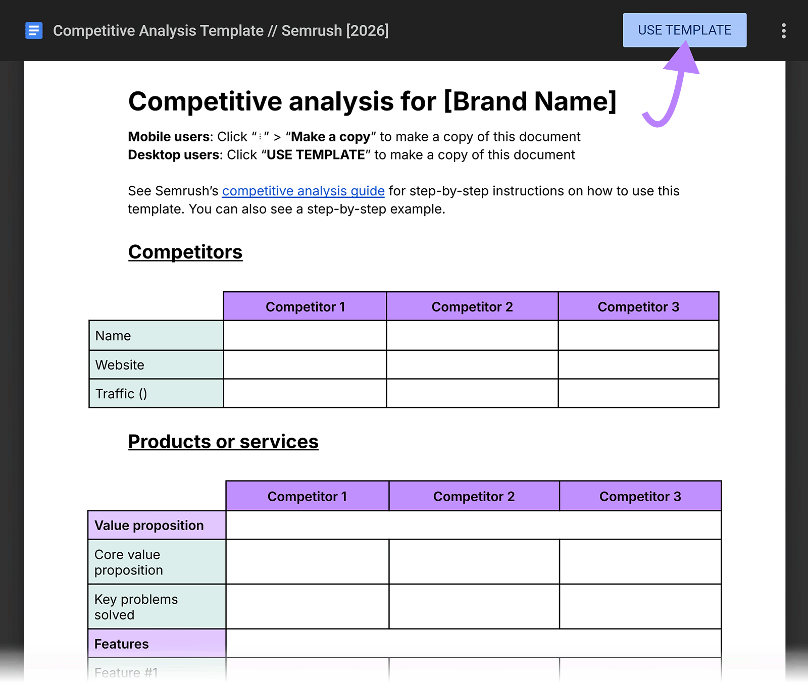 Competitive analysis template with competitor comparison tables and highlighted âUse Templateâ button