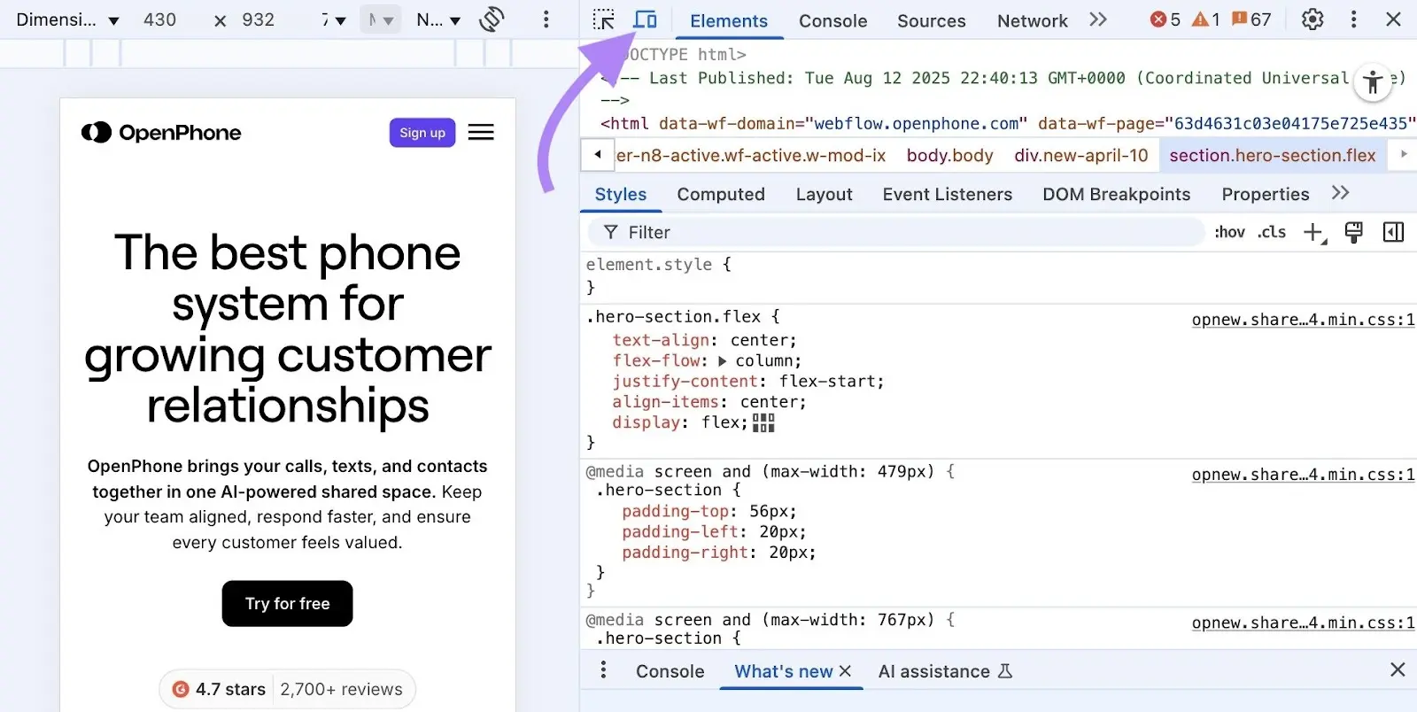 Chrome DevTools showing a mobile preview with the device toolbar icon highlighted.