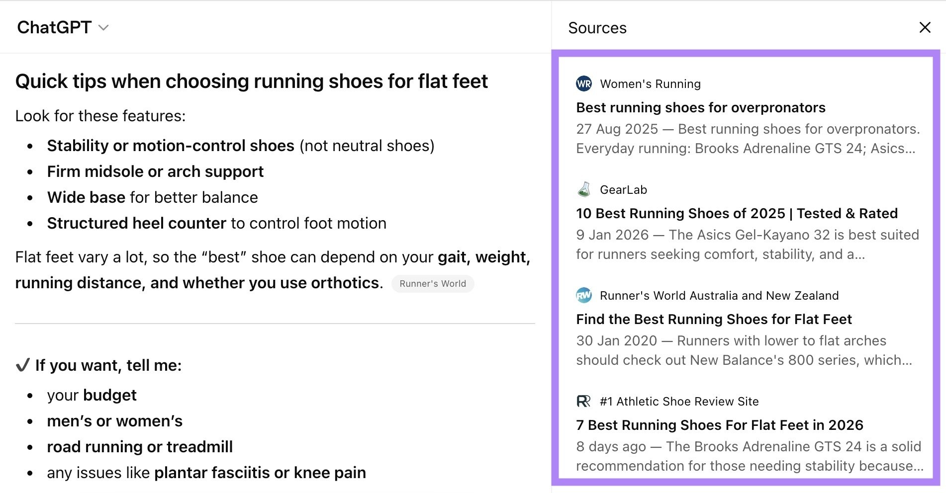 Multiple blog posts cited as sources on ChatGPT for a prompt looking for the best running shoes for flat feet.