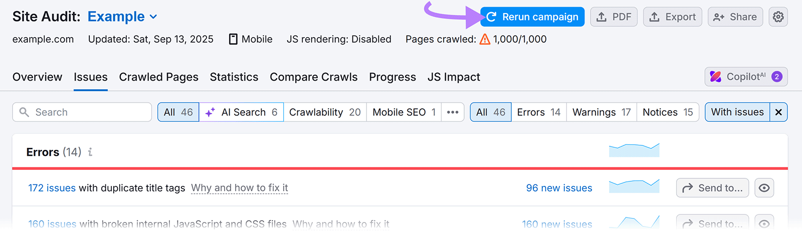 Arrow pointing to "Rerun campaign" button above site audit issues list.