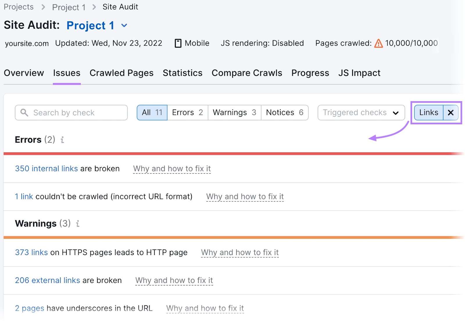 find detected issues in the âIssuesâ tab of the Site Audit tool