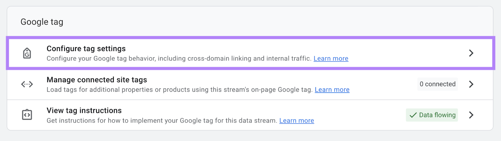 âConfigure tag settingsâ option highlighted under "Google tag" section