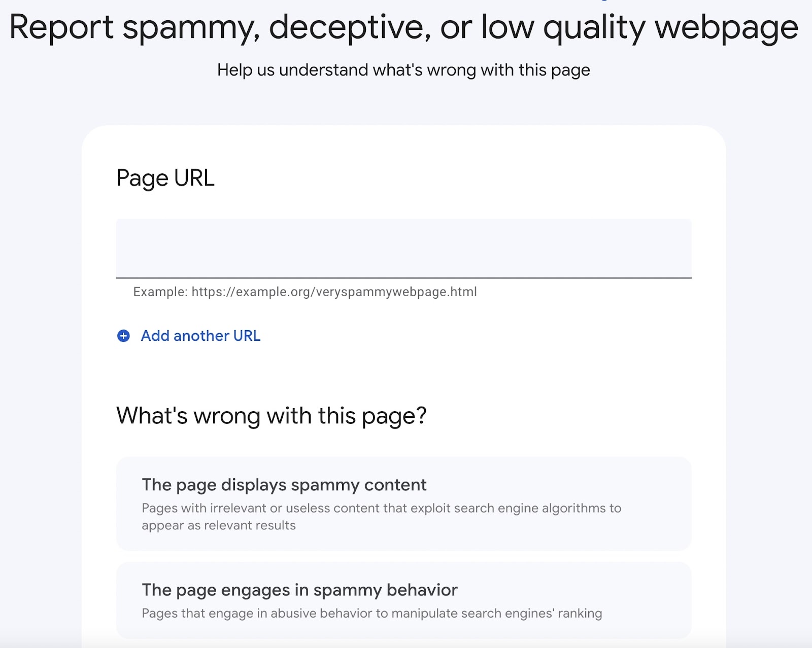 Googleâs dedicated content spam form