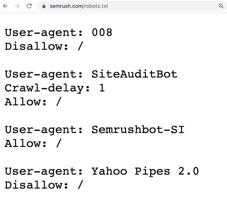 Example of a robots.txt file showing pages or sections of a site that should and shouldnât be crawled.