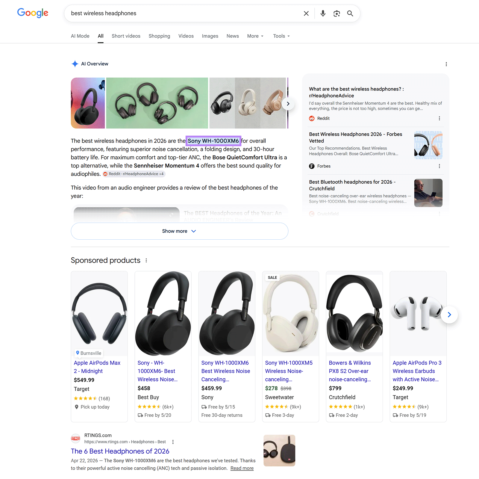 Google AI Overview for âbest wireless headphonesâ with product recommendations and sponsored listings