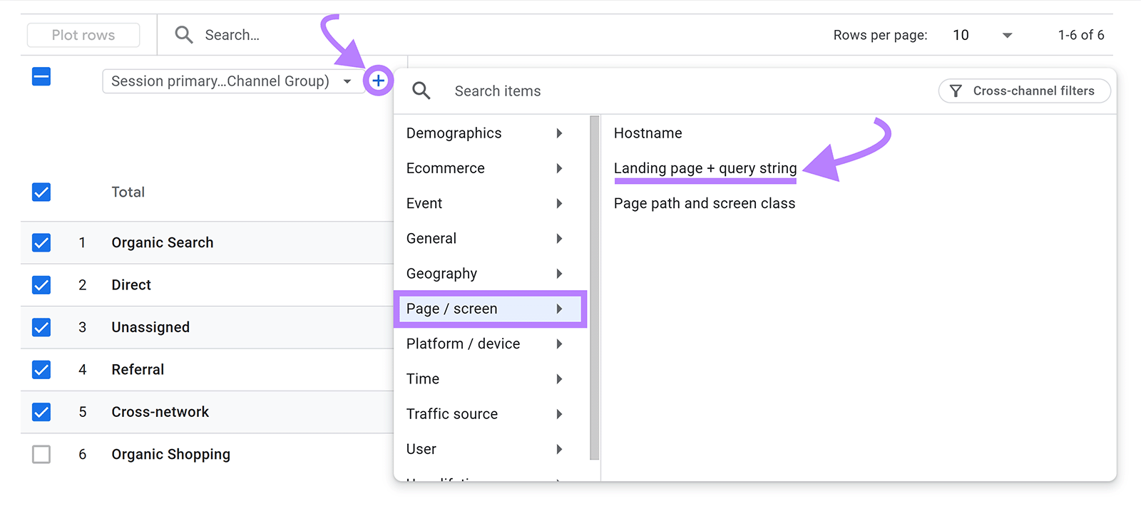 Analytics dimension menu open with an arrow highlighting āLanding page + query stringā under Page/screen.