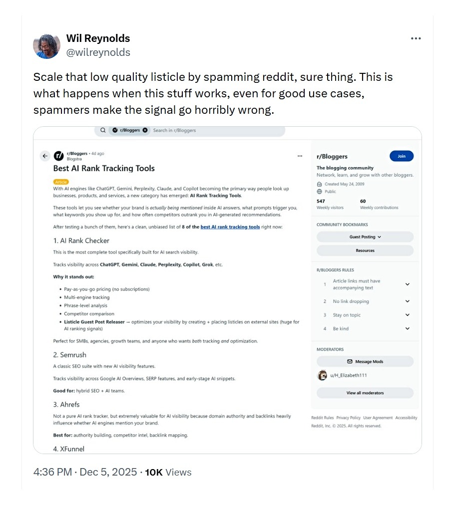 An X post discussing spammy Reddit SEO tactics.