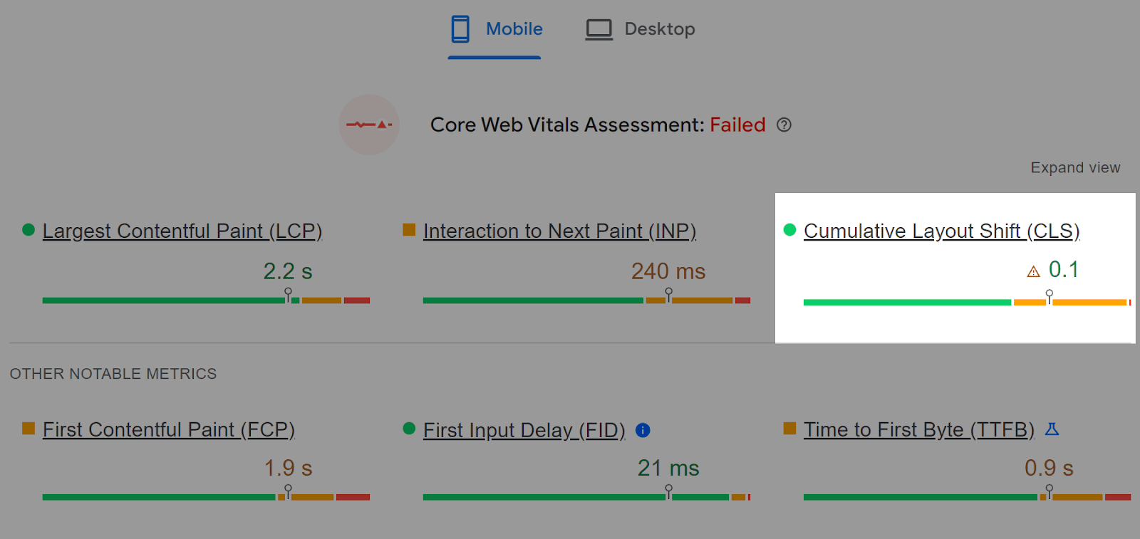 Core Web Vitals display in PageSpeed Insights showing the website is failing.