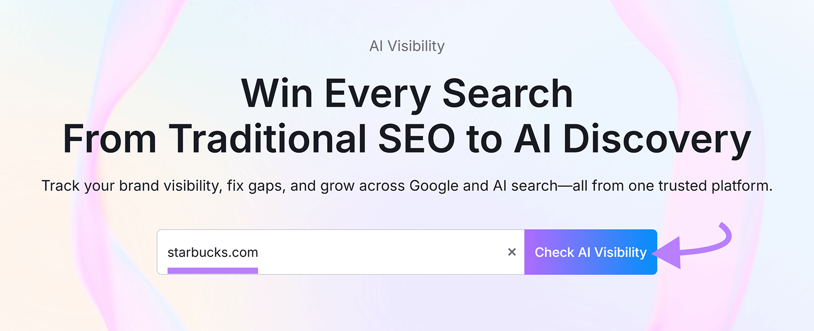 AI Visibility search page with domain input field and highlighted âCheck AI Visibilityâ button