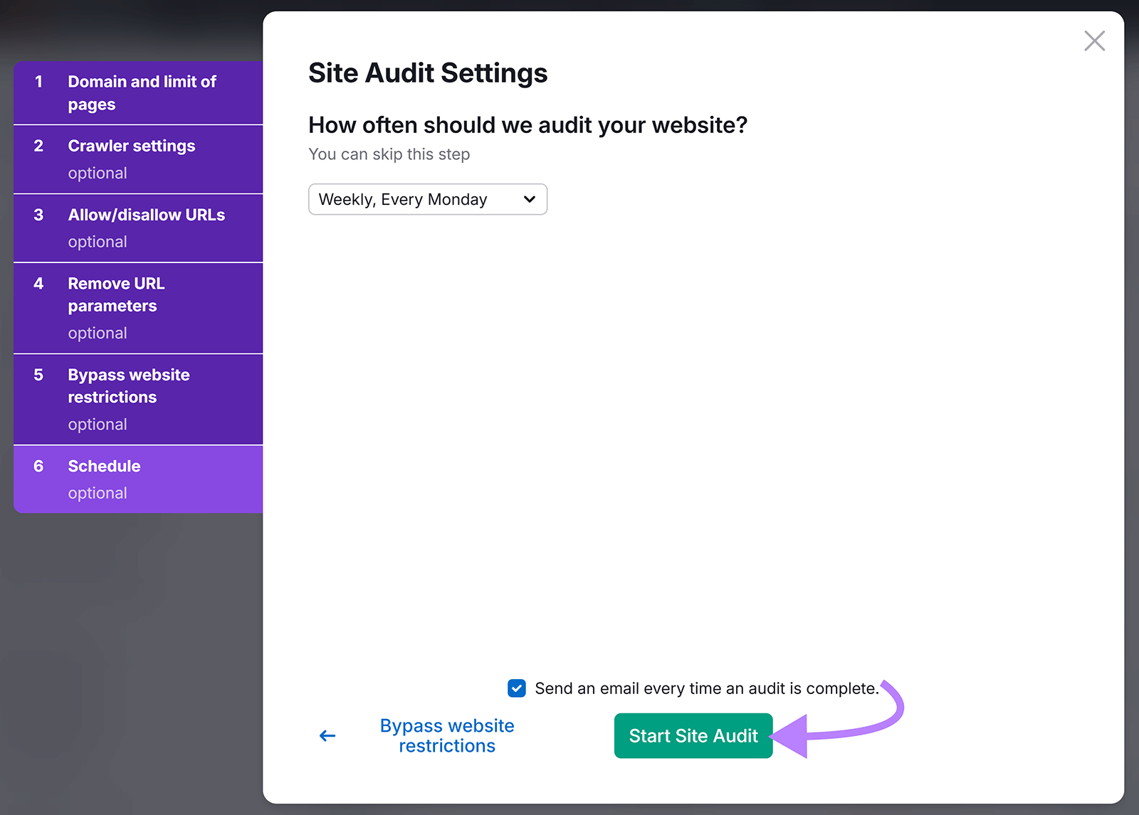 Site Audit Settings configuration popup with arrow pointing to Start Site Audit Button