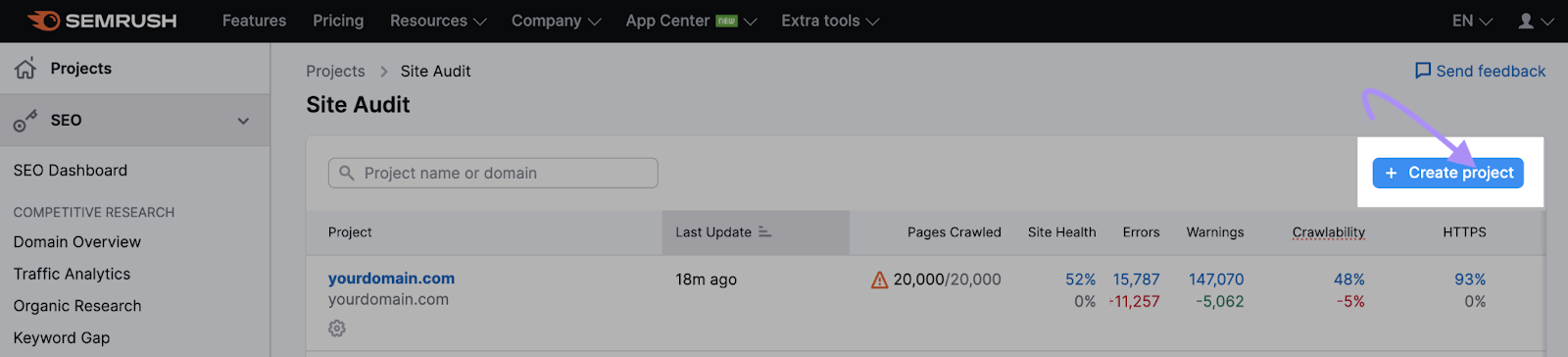 â+ Create projectâ button highlighted
