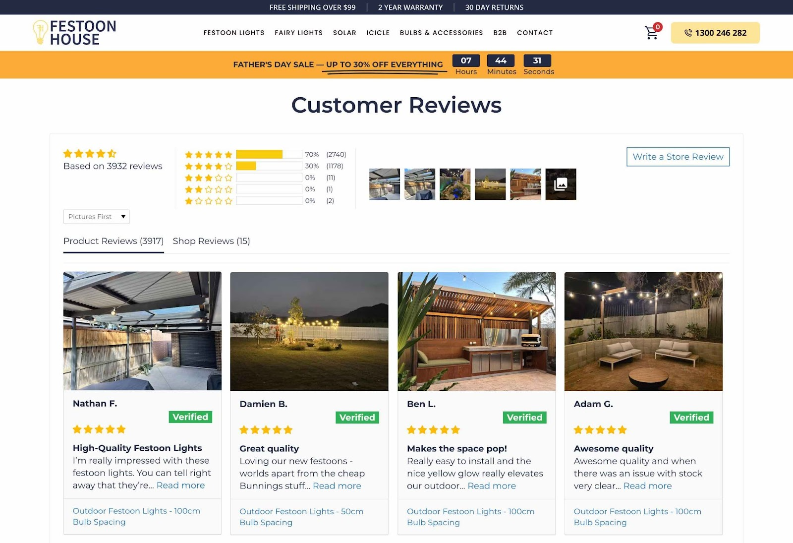 Customer reviews from Google and social media platforms displayed on the Festoon Houseâs site.
