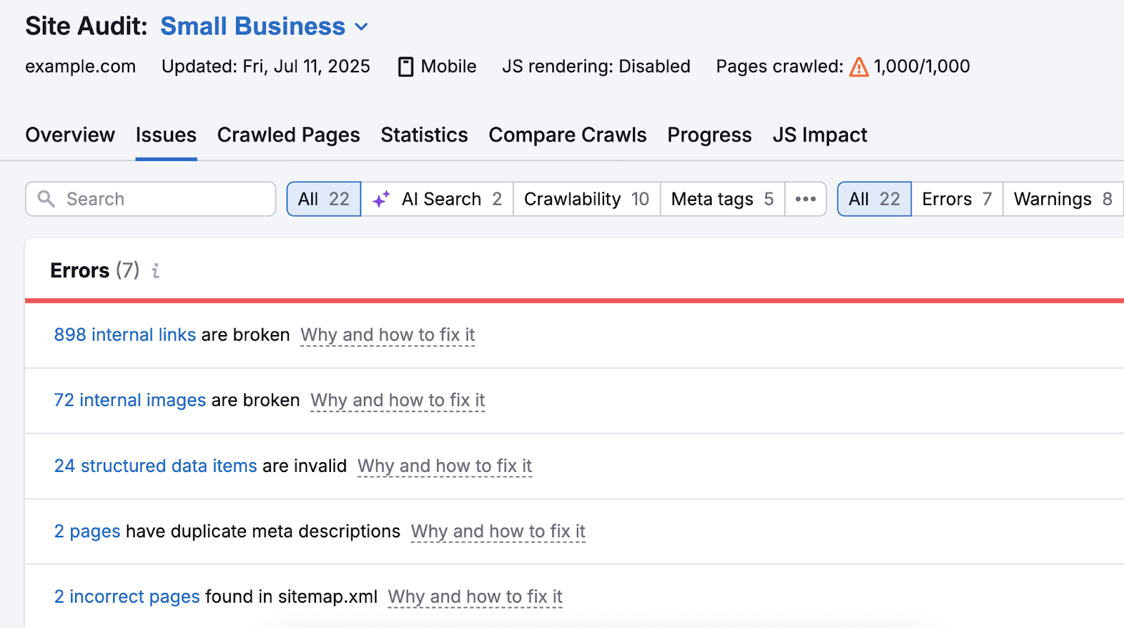Site Audit issues include broken internal links, invalid structured data items, duplicate meta descriptions, and more.