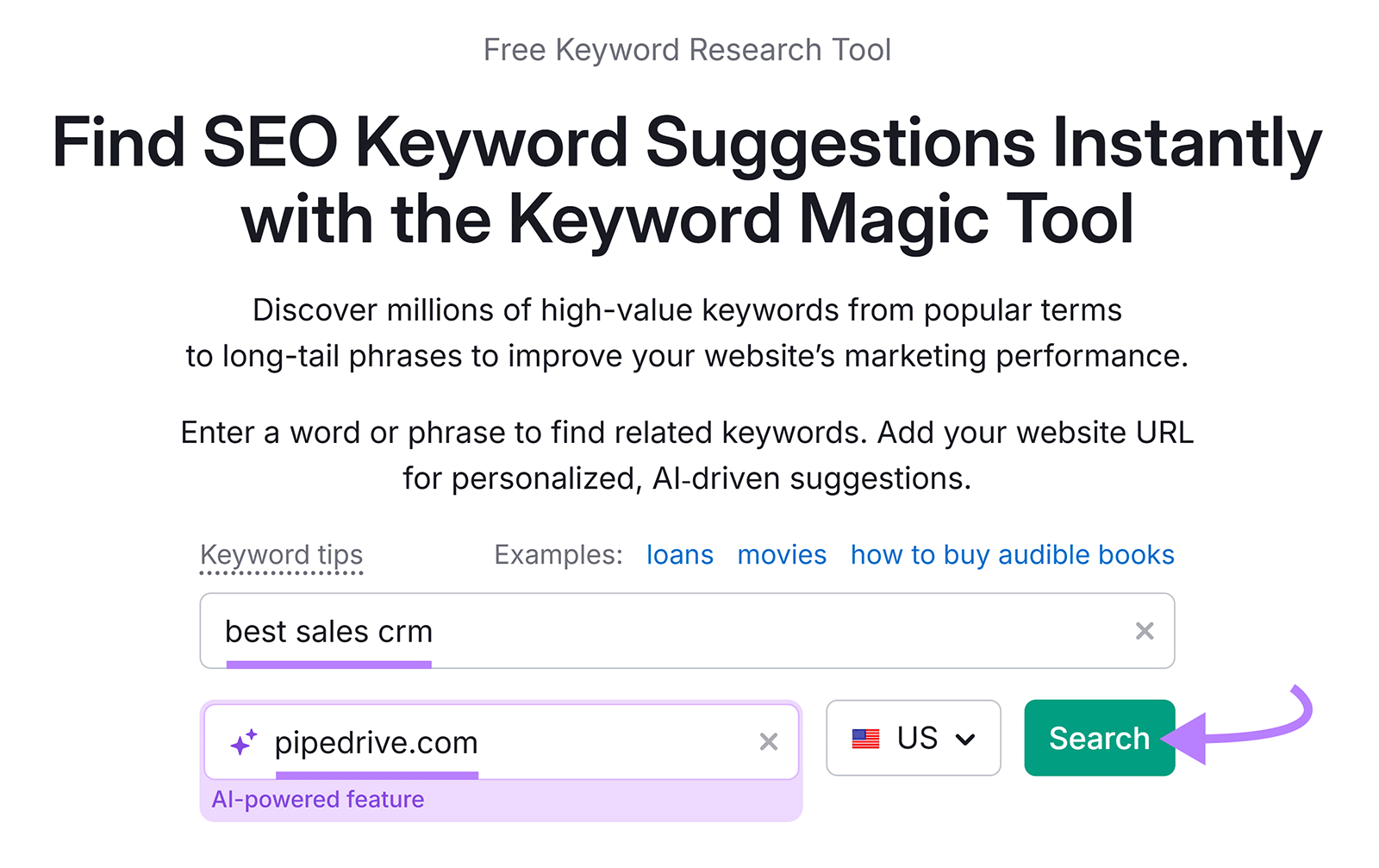 Keyword Magic Tool start with "best sales crm" and "pipedrive.com" entered, and a purple arrow pointing to the Search button.