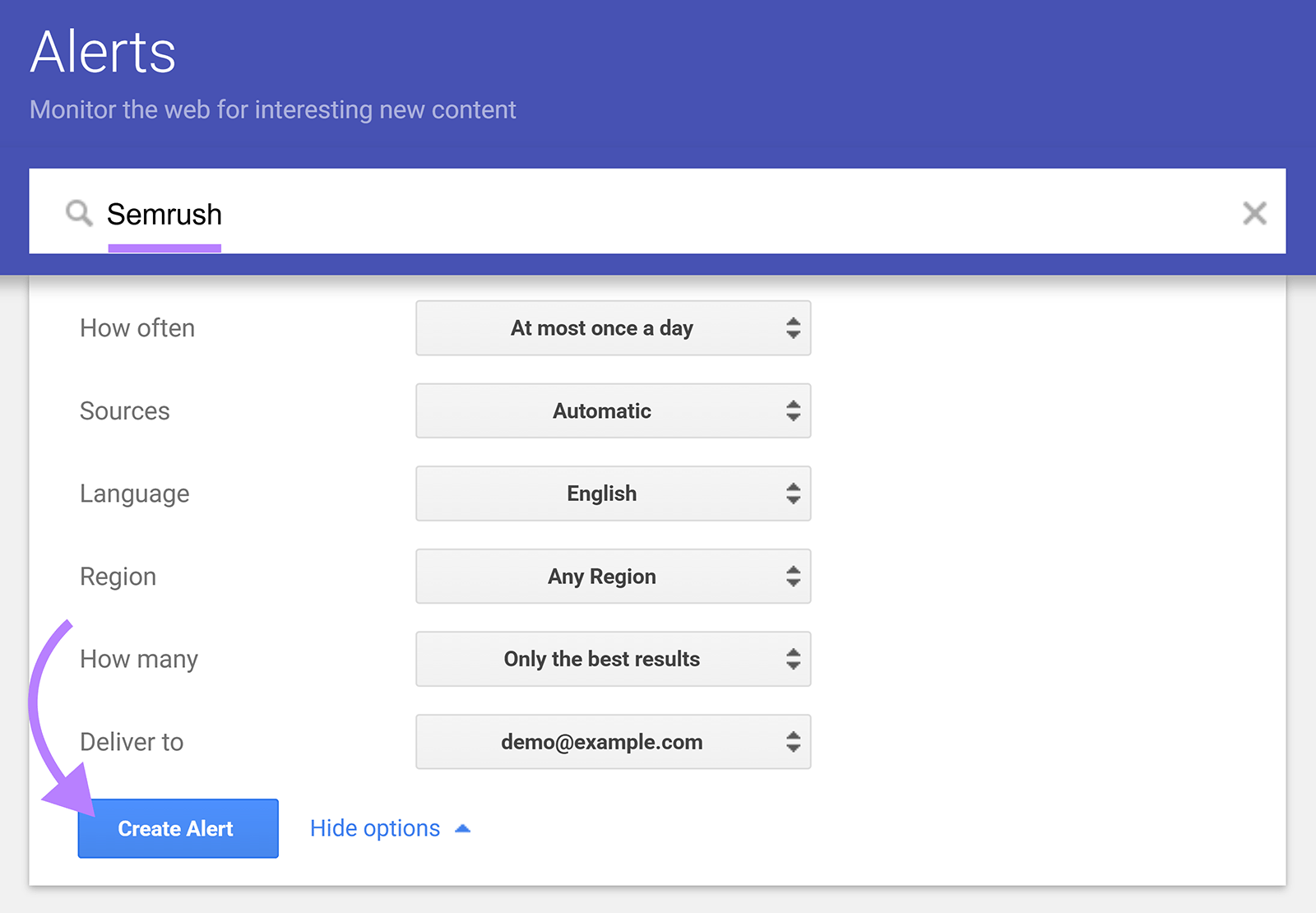 Google Alerts setup screen with âSemrushâ entered and an arrow pointing to the âCreate Alertâ button.