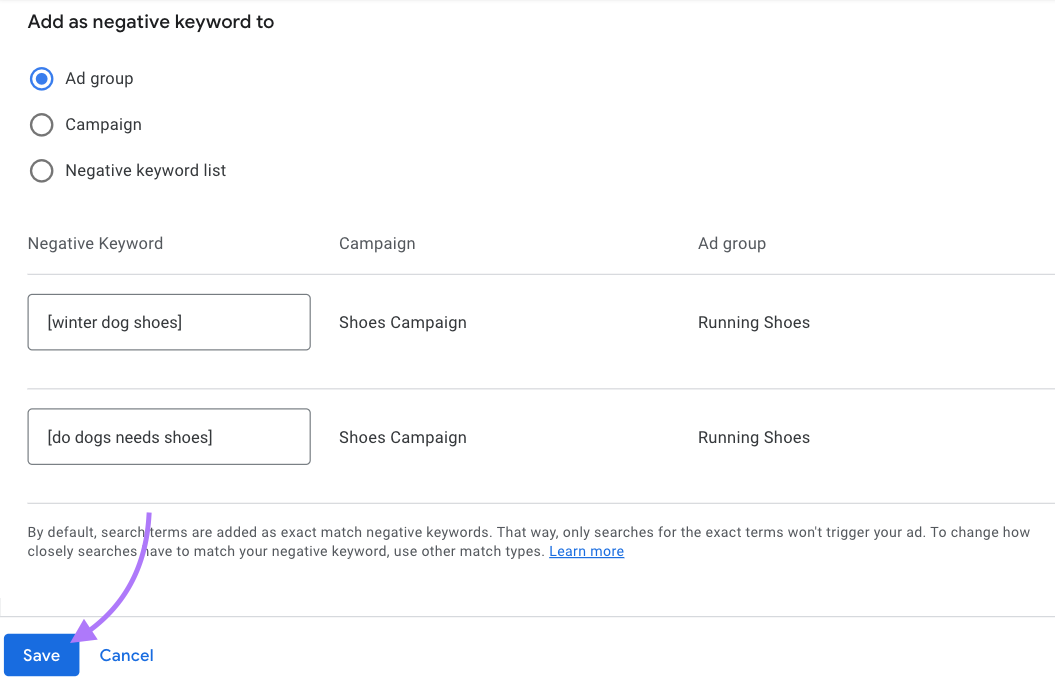 adding negative keywords to "Ad group" with “Save” button highlighted