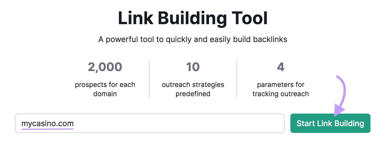 "mycasino.com" entered into the Link Building tool search bar