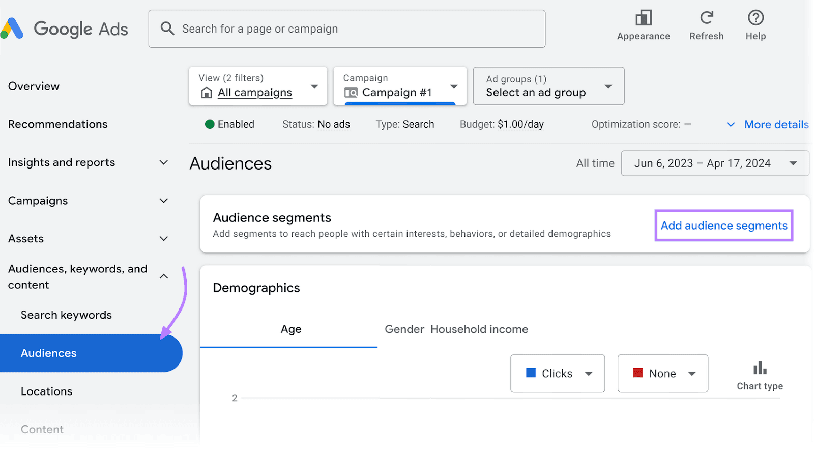 "Audiences" tab and âAdd audience segmentsâ button highlighted in Google Ads