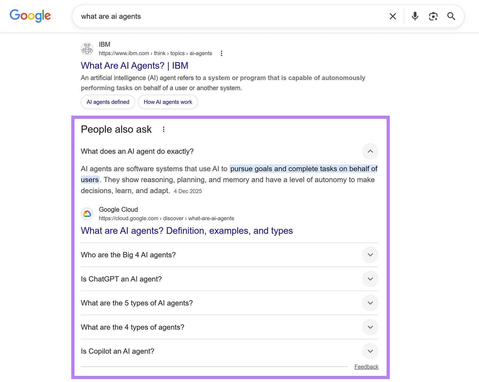 Google search results for “what are AI agents” showing the People also ask questions box