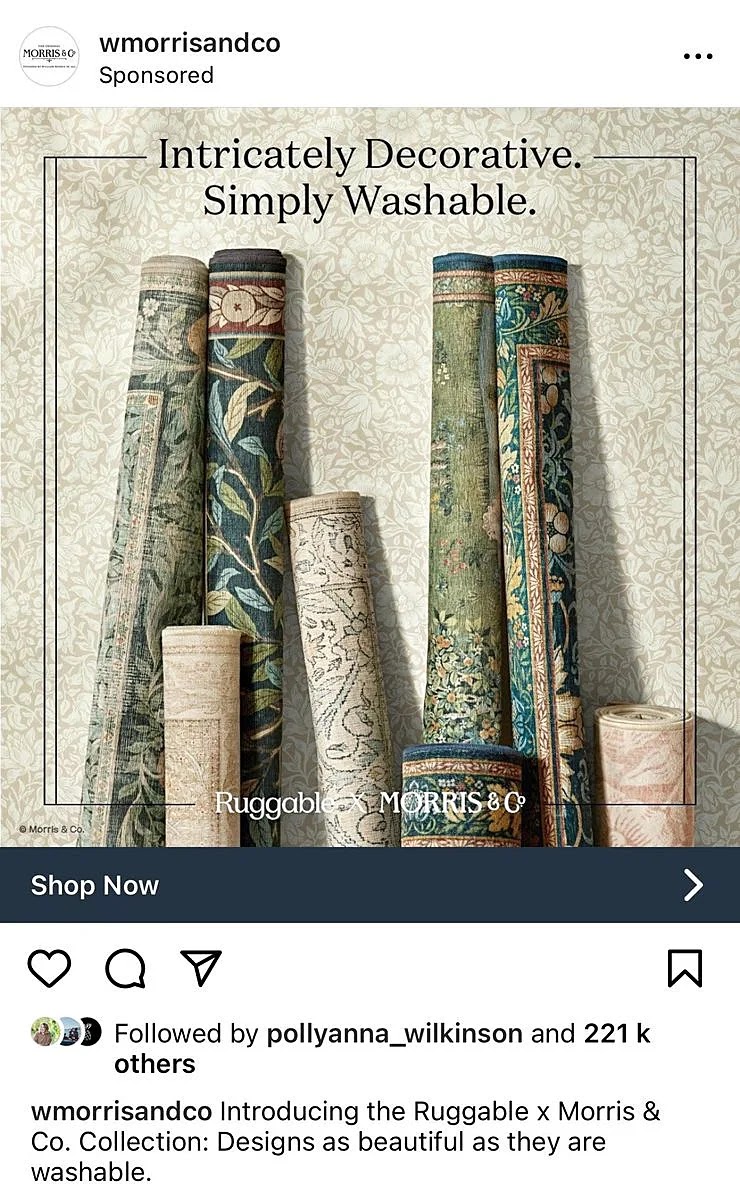 Morris & Co and Ruggable's new collection Instagram ad with âIntricately Decorative. Simply Washable.â ad copy