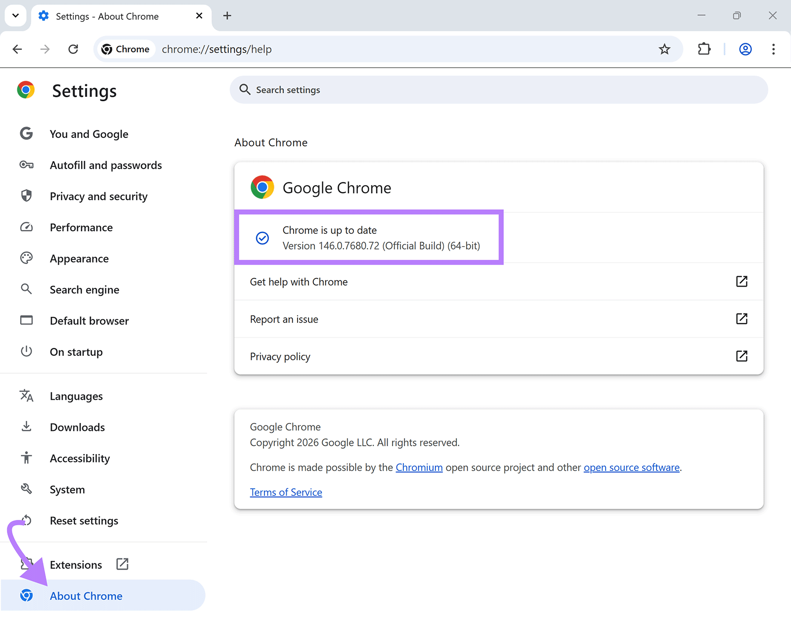 Chrome Settings âAbout Chromeâ page showing current browser version 146.0.7680.72