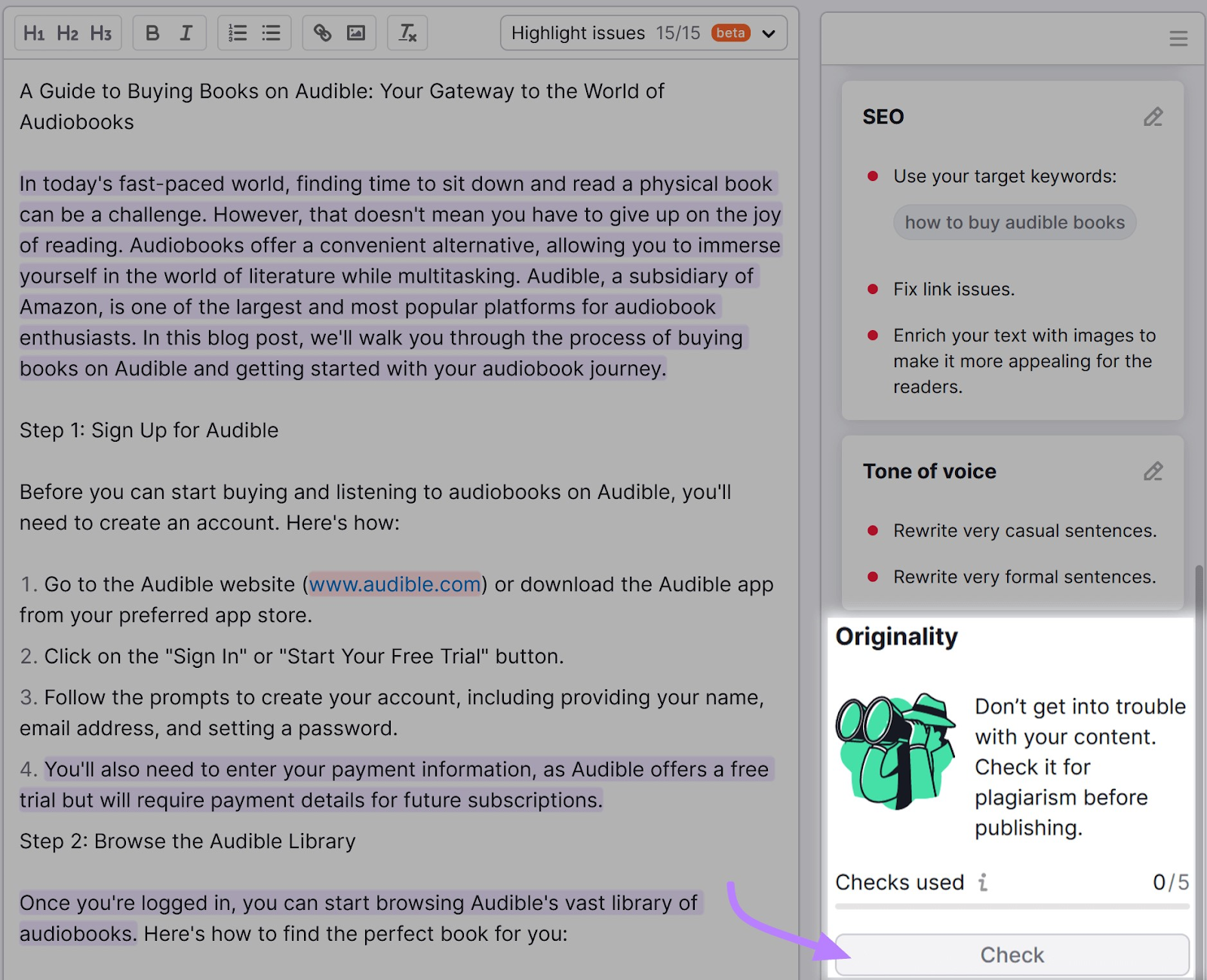SEO Writing Assistantâs text box with Originality section highlighted on the left side menu