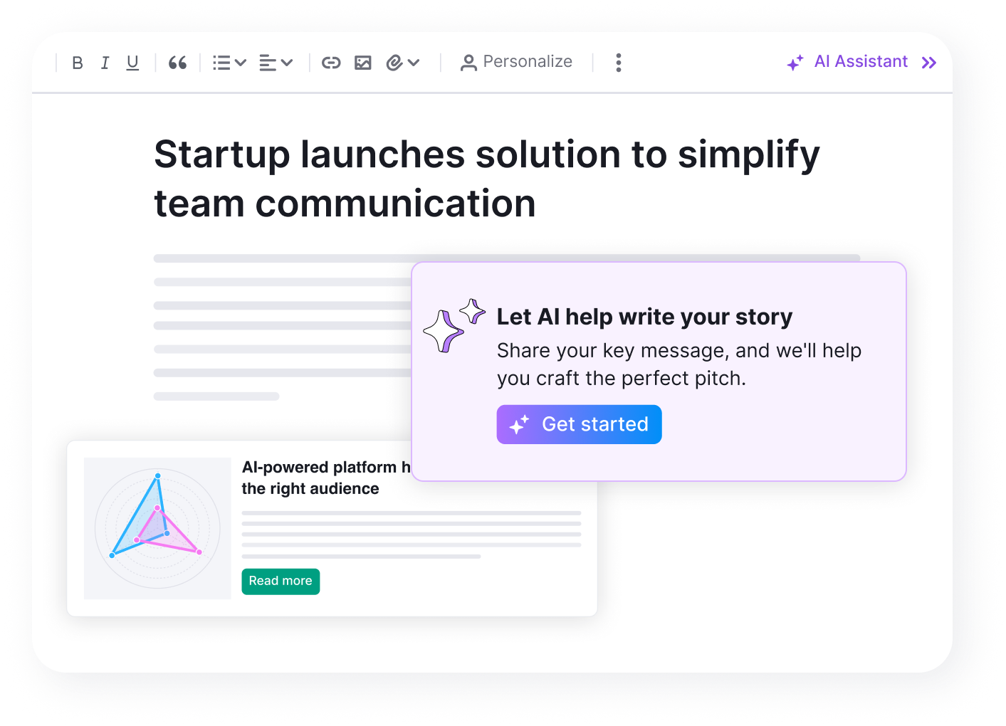 The AI PR Toolkit UI showing a press release title and the AI Assistant offering to help write the content