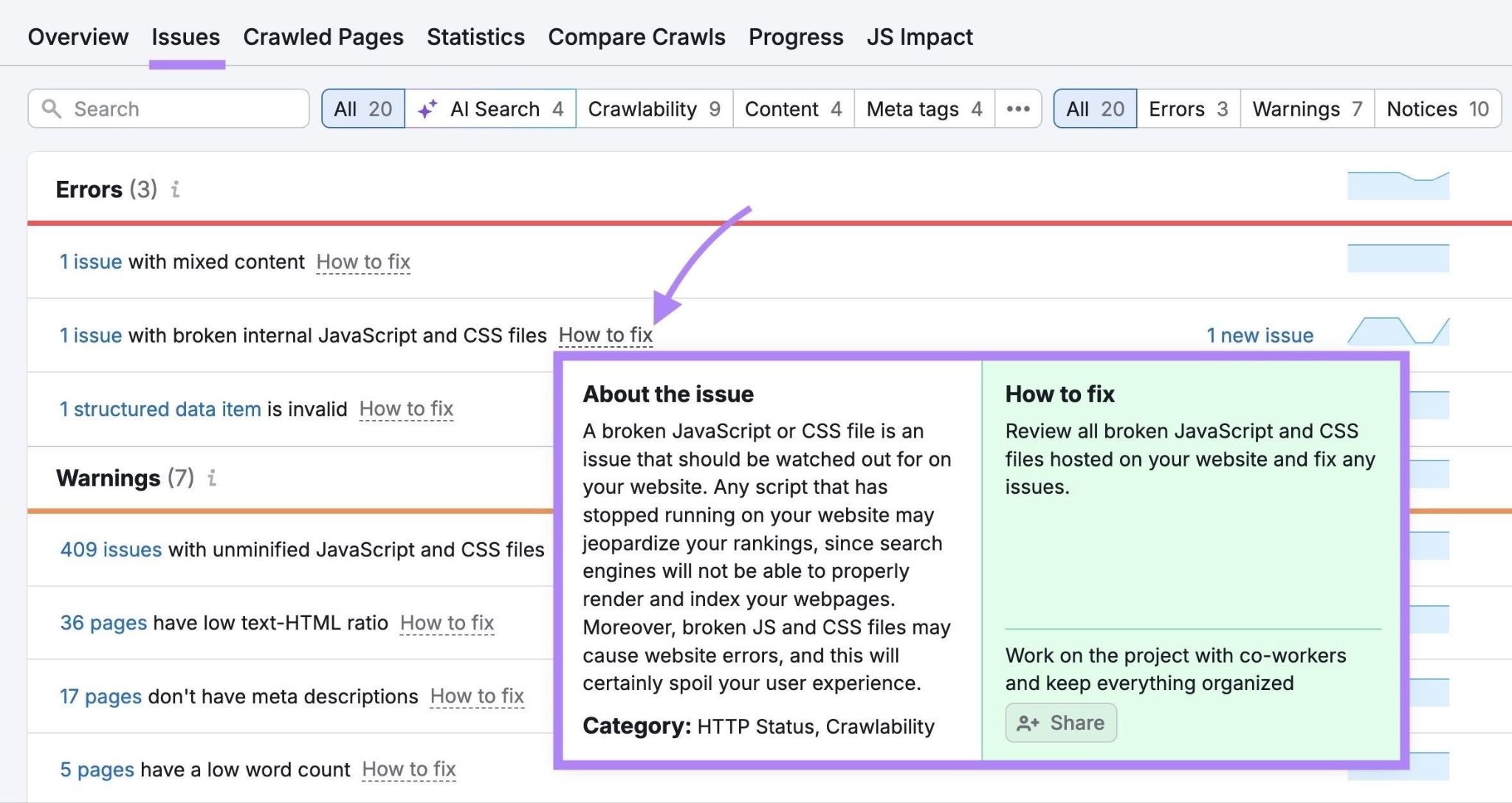The "Issues" tab on Site Audit with "How to fix" clicked next to an error showing more information about the issue and how to fix it.