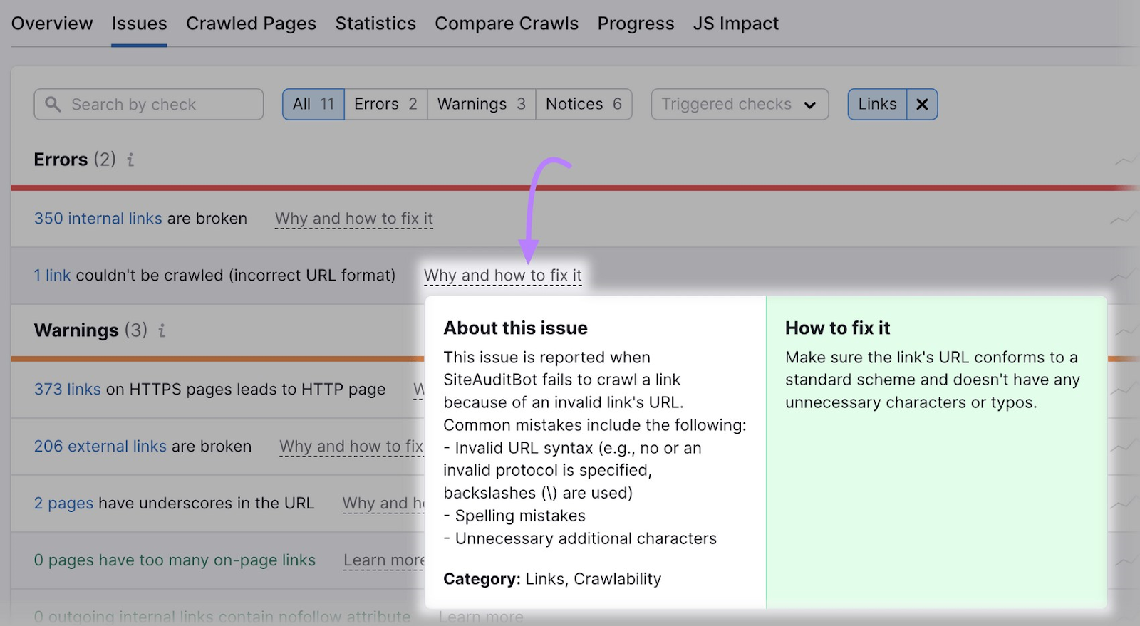 an example of âWhy and how to fix itâ section in the Site Audit tool