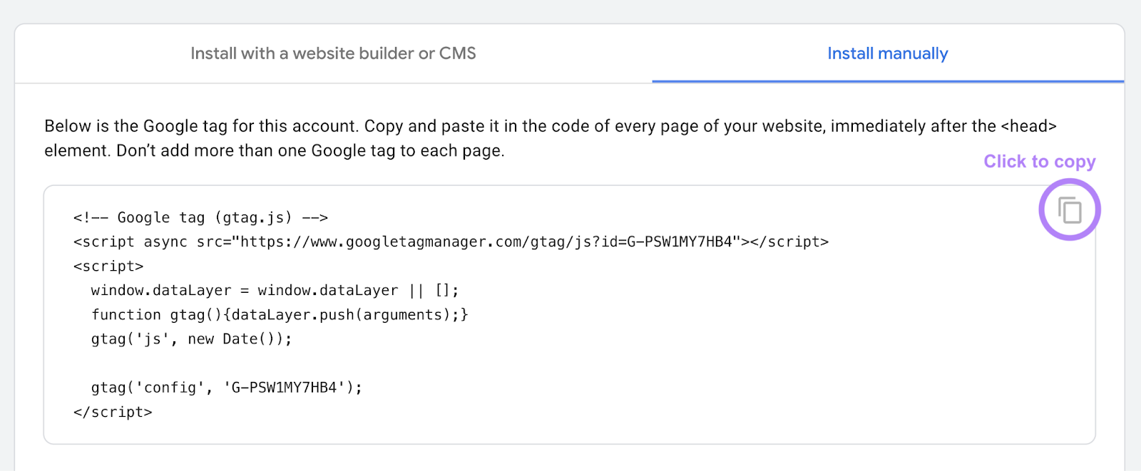 Google Analytics code in the âInstall manuallyâ tab