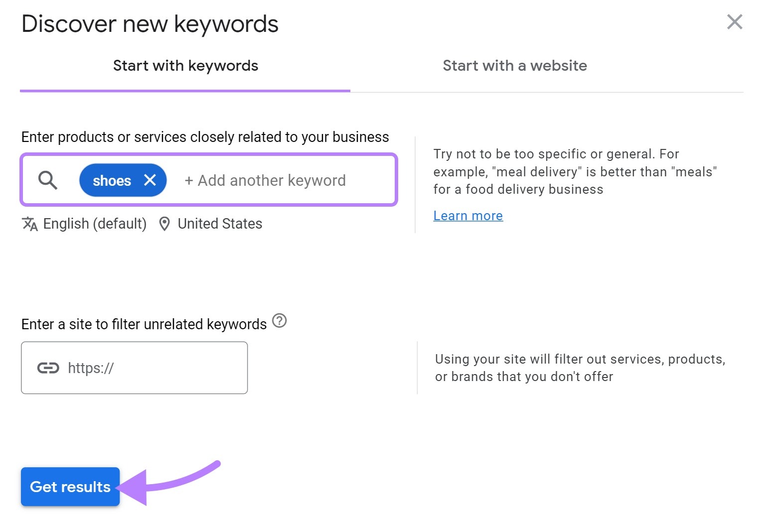 âDiscover new keywordsâ window in Keyword Planner
