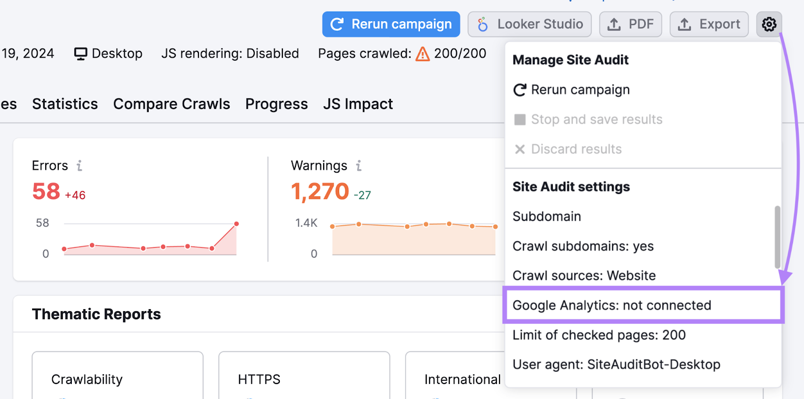 âGoogle Analytics: not connected" button in Site Audit tool