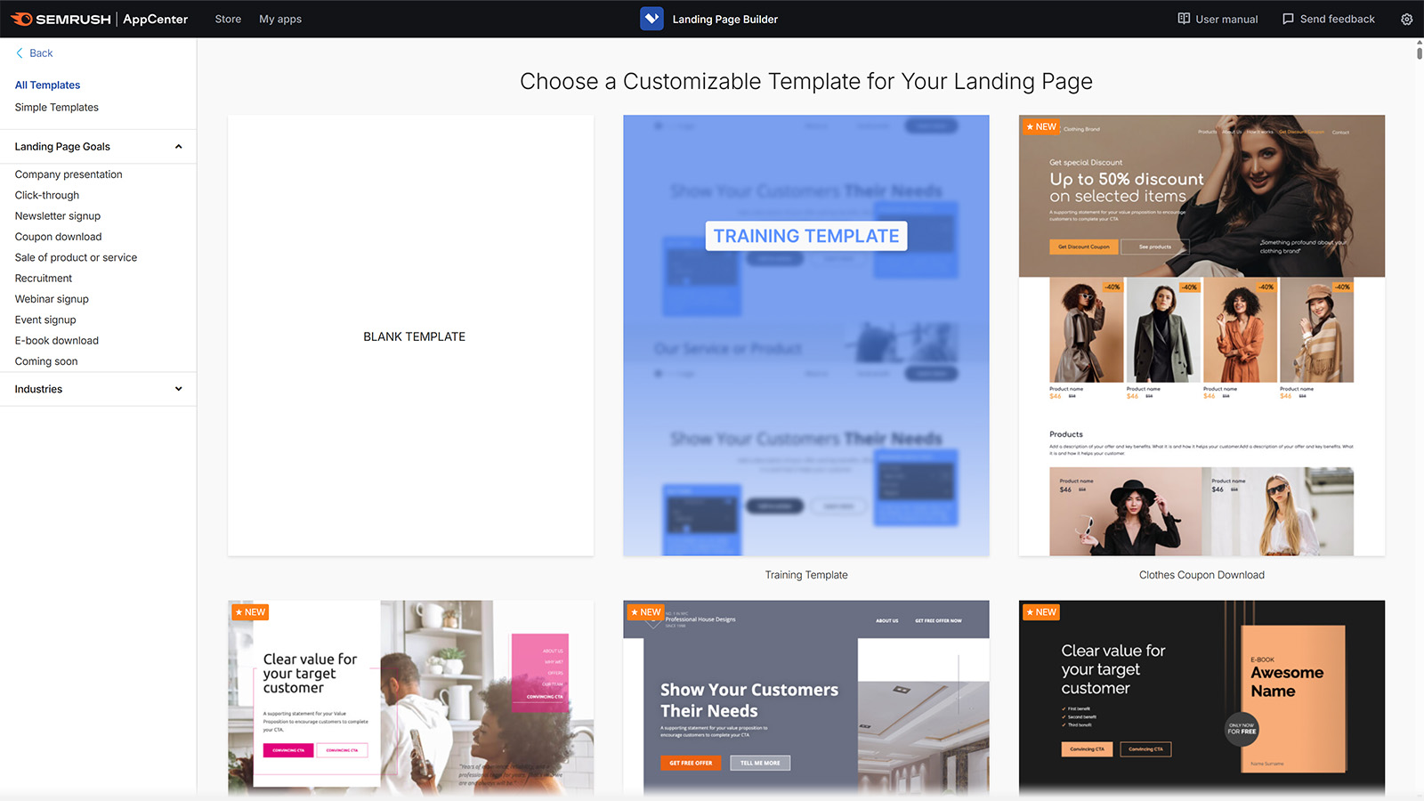 All templates page showing different template options to choose for landing page