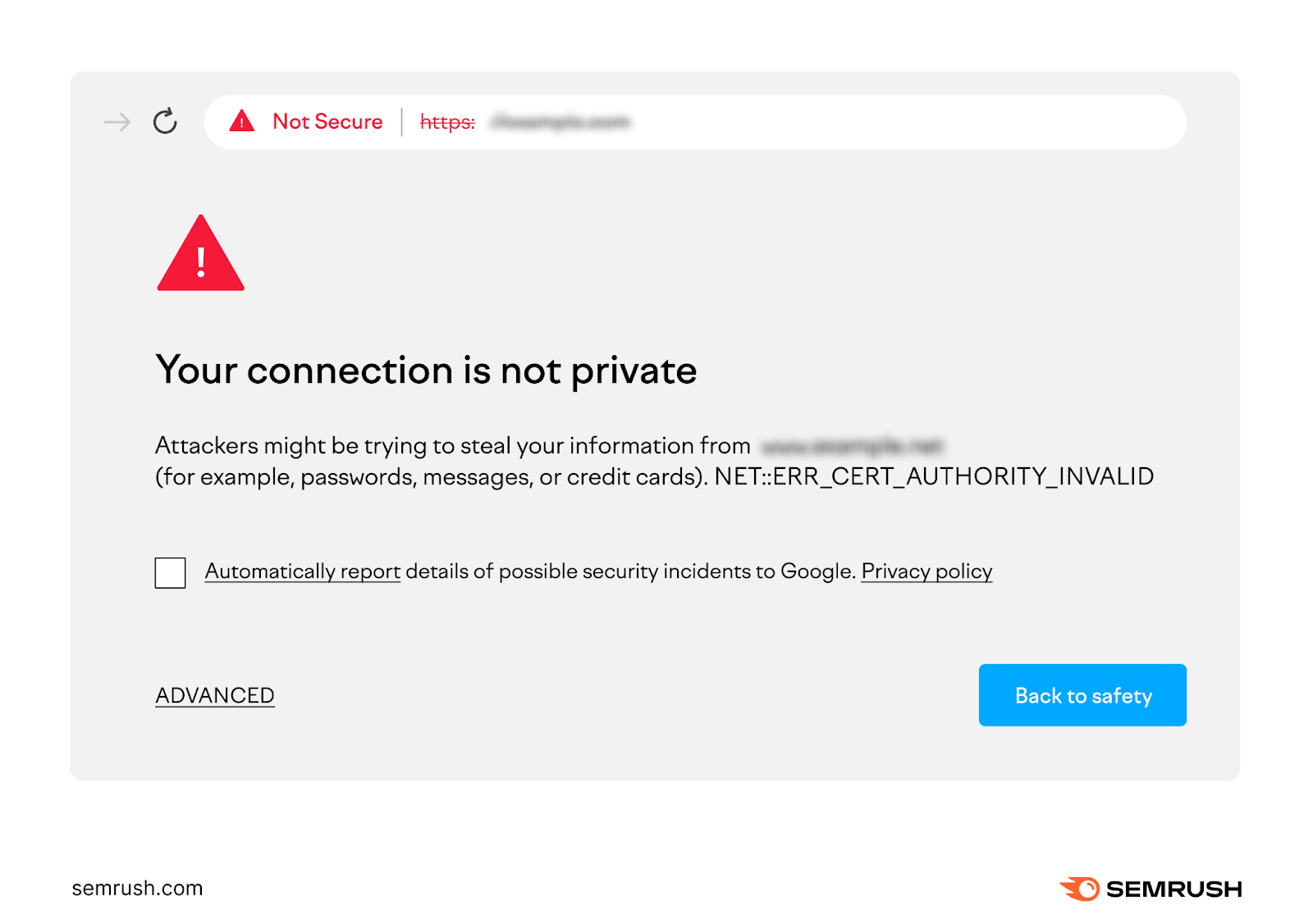 âNot secureâ warning reading "Your connection is not private" followed by an explanation that attackers might be trying to steal your information