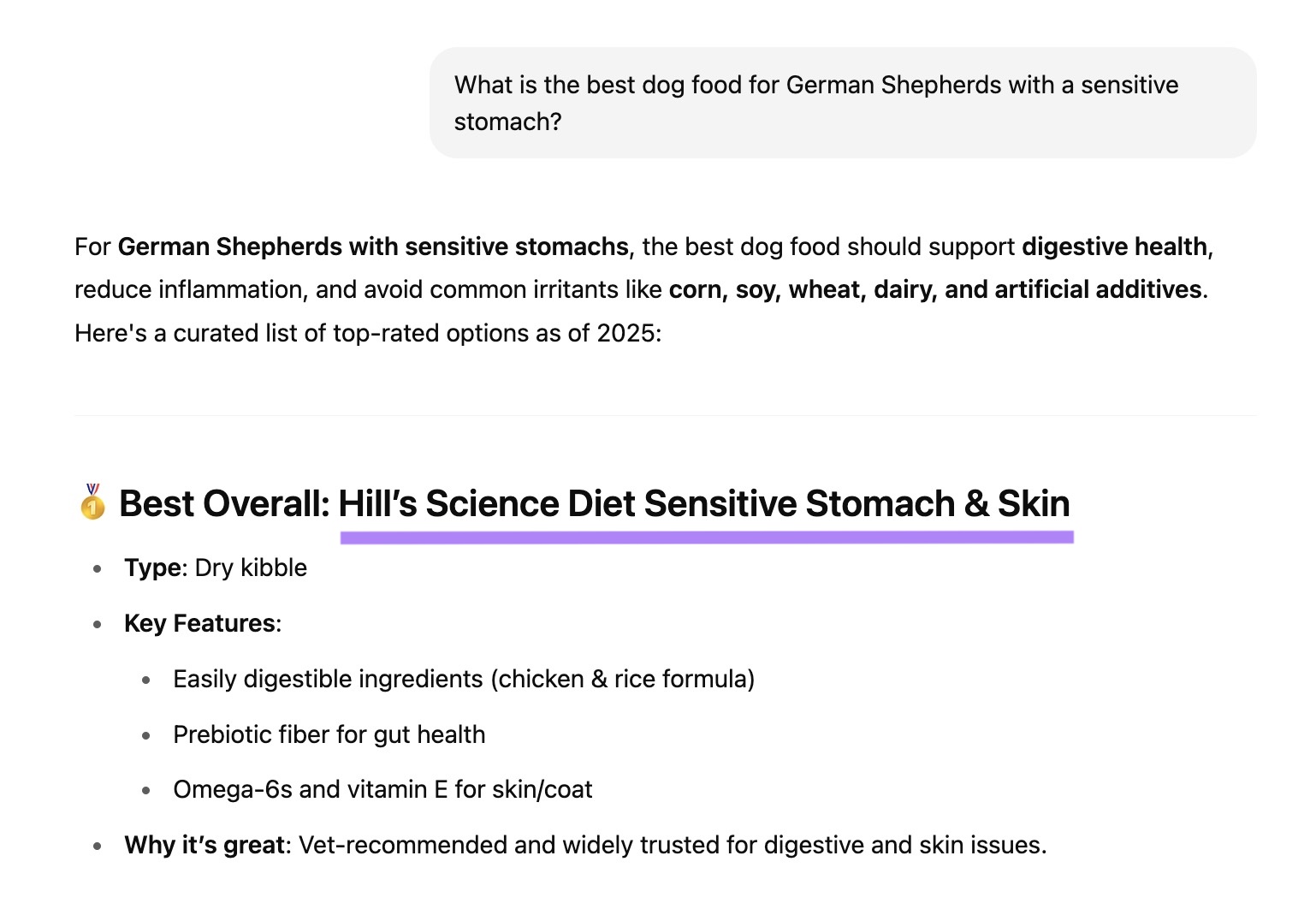A query on ChatGPT showing recommendations for competitor brands but don't mention your brand.