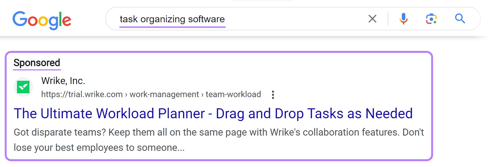Wrike's search ad for âtask organizing softwareâ query