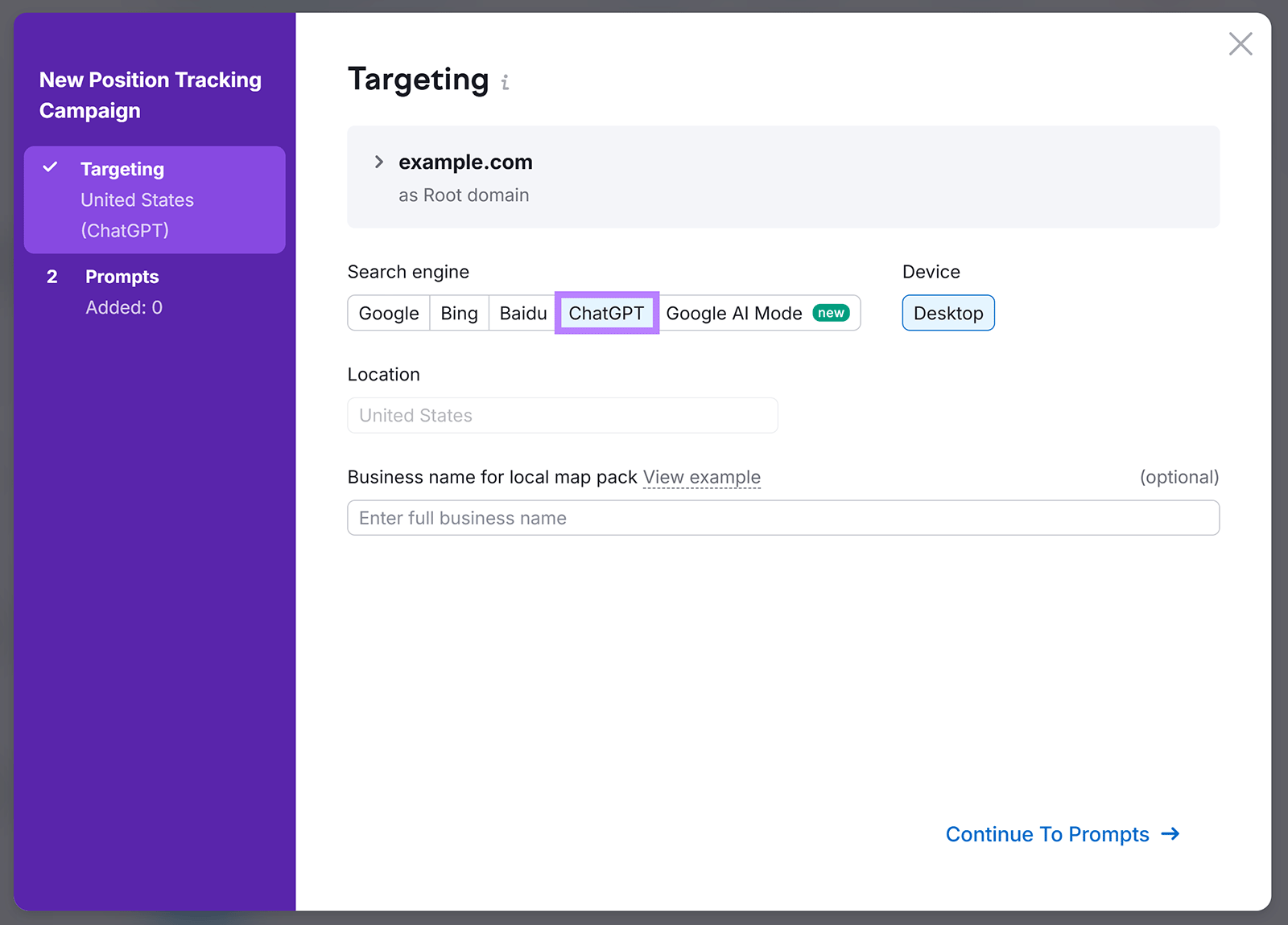 Position tracking setup selecting ChatGPT as search engine with desktop device option.