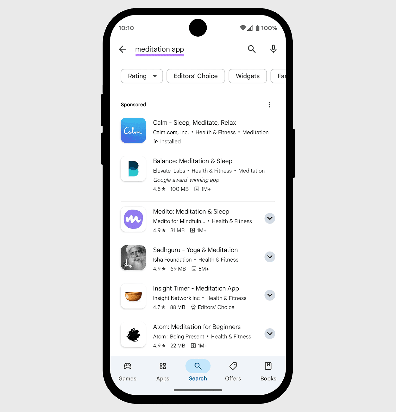 Google Play mobile search result for âmeditation appâ