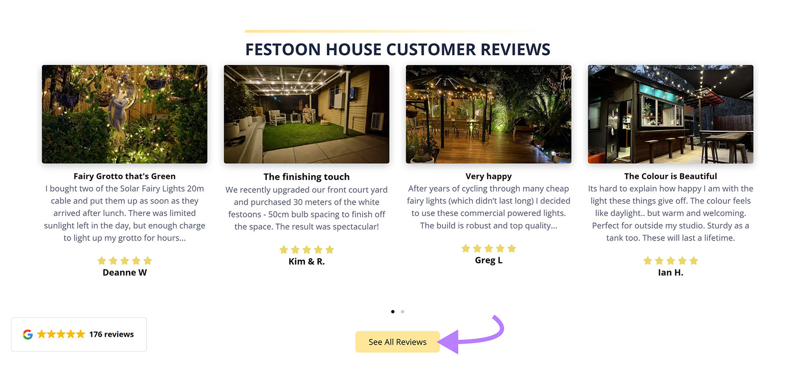 Festoon Houseâs homepage displaying customer reviews and linking to reviews landing page