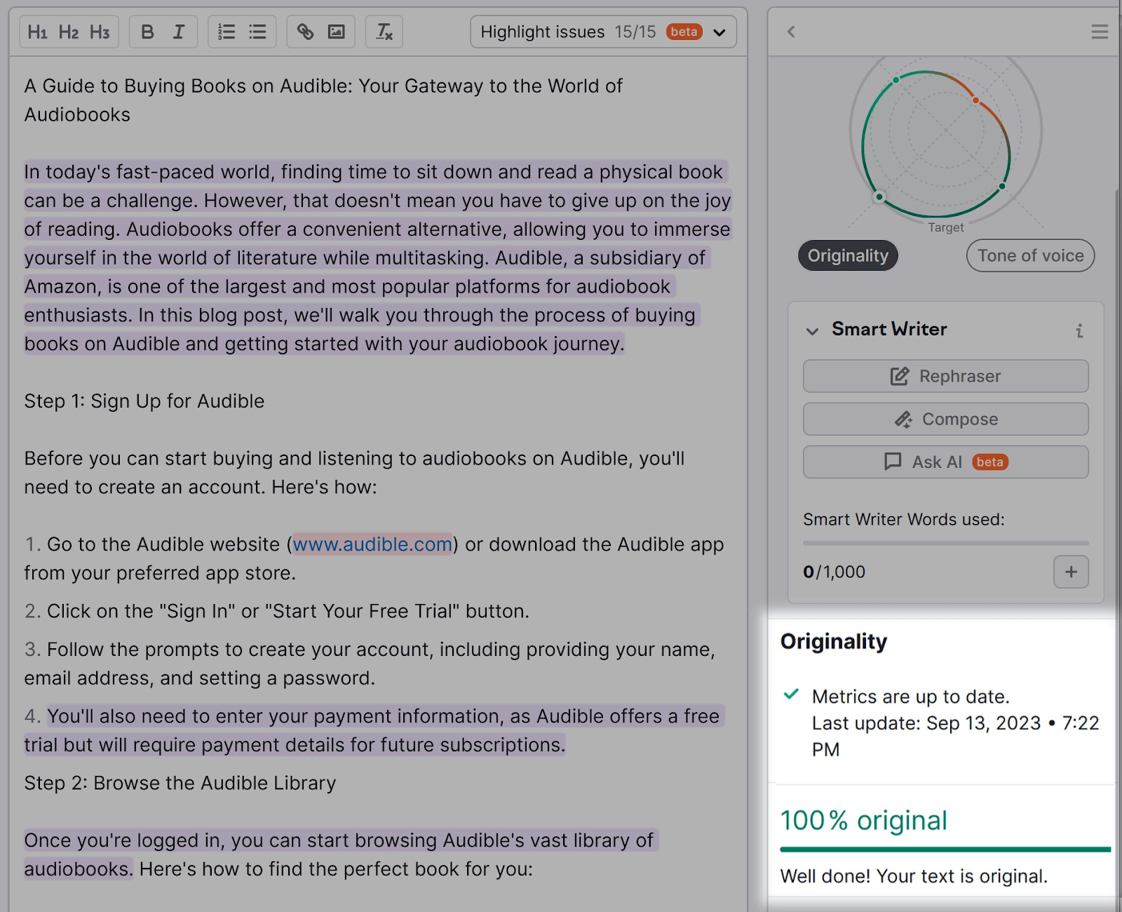 âOriginalityâ score section in SEO Writing Assistant
