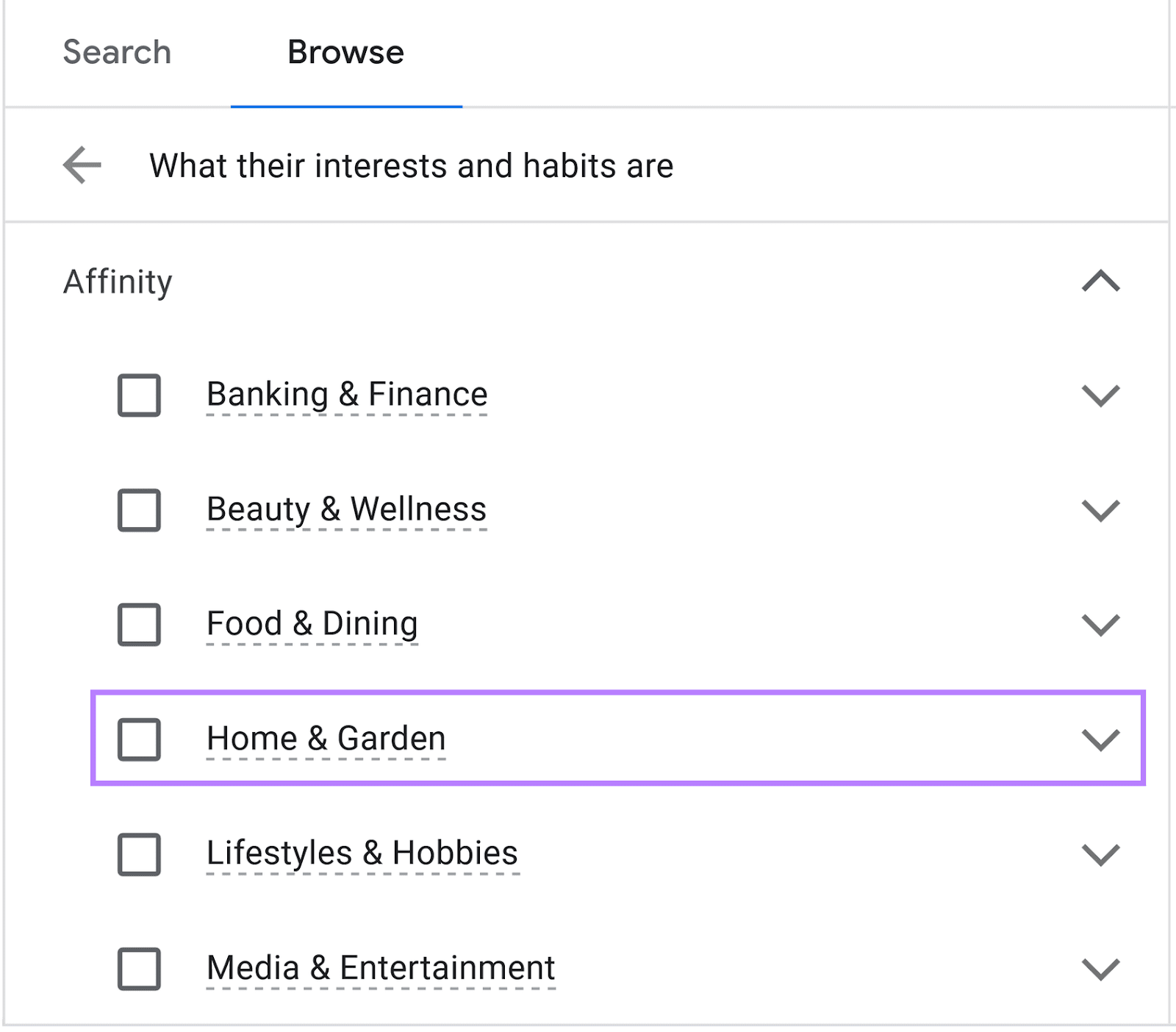 âHome & Gardenâ segment highlighted from the list