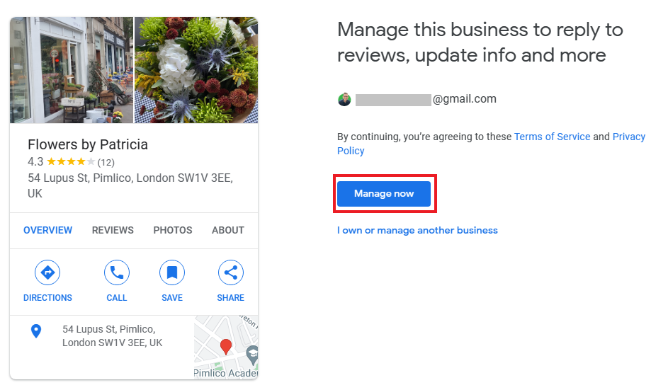 The screen that appears when you click on âOwn this business?â to add your business to Google Maps.