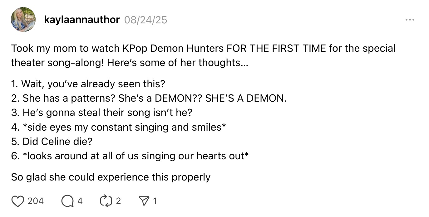 A UGC post of Threads praising the movie âKPop Demon Hunters.â